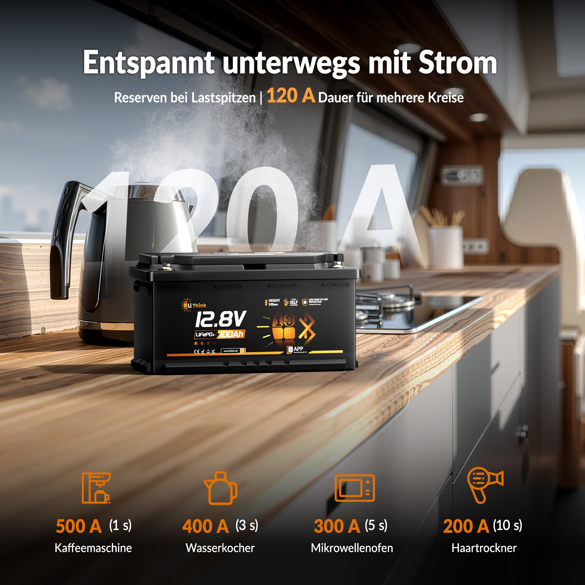 Lithink 12V 100Ah H190 LiFePO4-batteri med Bluetooth & självuppvärmning – DIN H8 för montering under säte i husbil