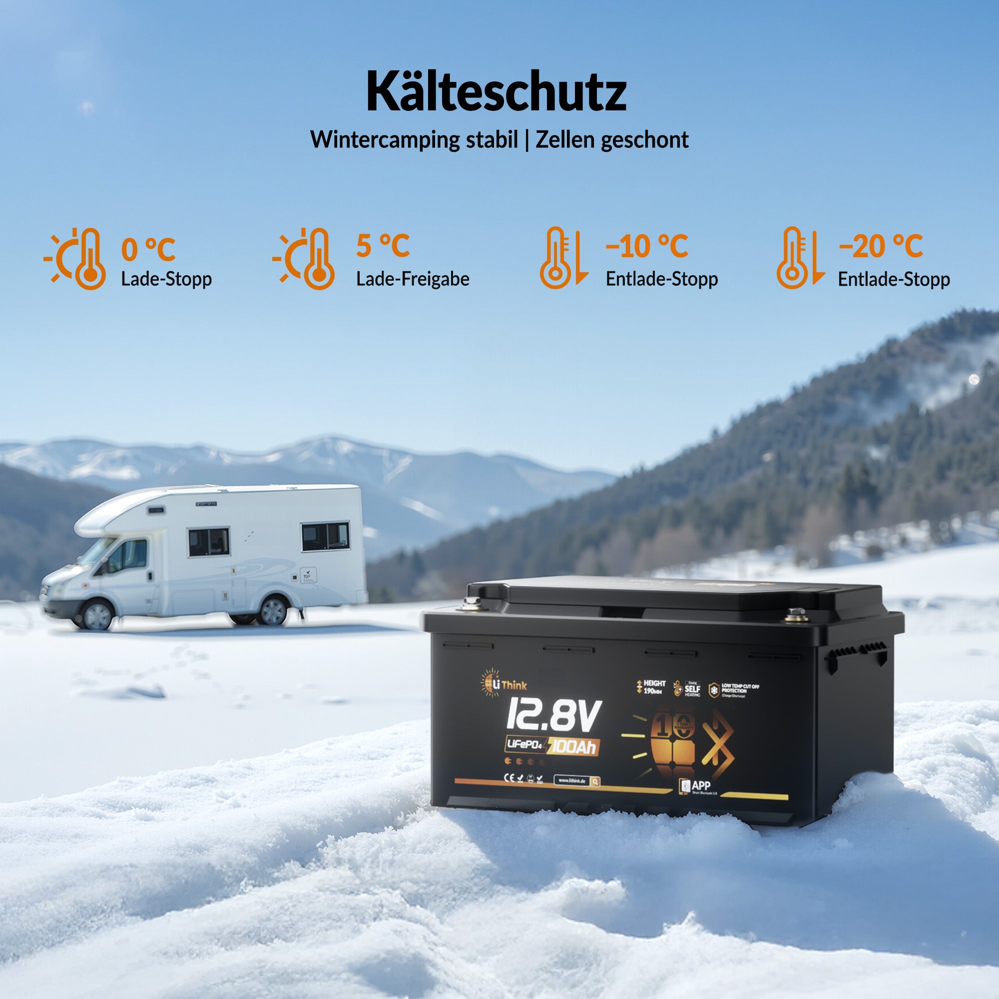 Lithink 12V 100Ah H190 LiFePO4-batteri med Bluetooth & självuppvärmning – DIN H8 för montering under säte i husbil