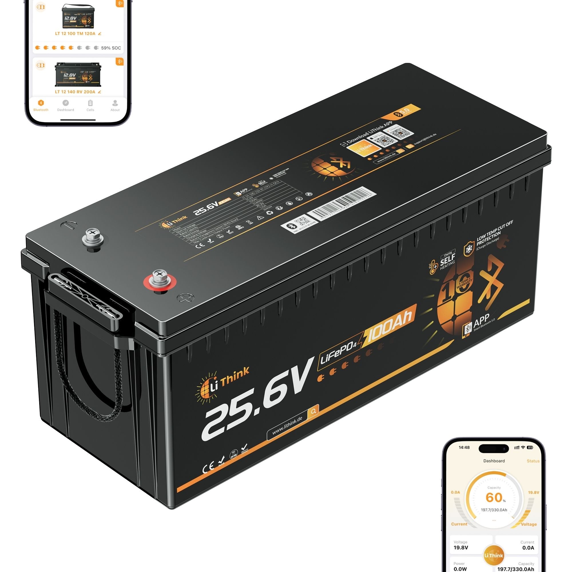 Lithink 24V 100Ah LiFePO4-batteri med Bluetooth och självuppvärmning – för trollingmotor, husbil och solcellsanläggning