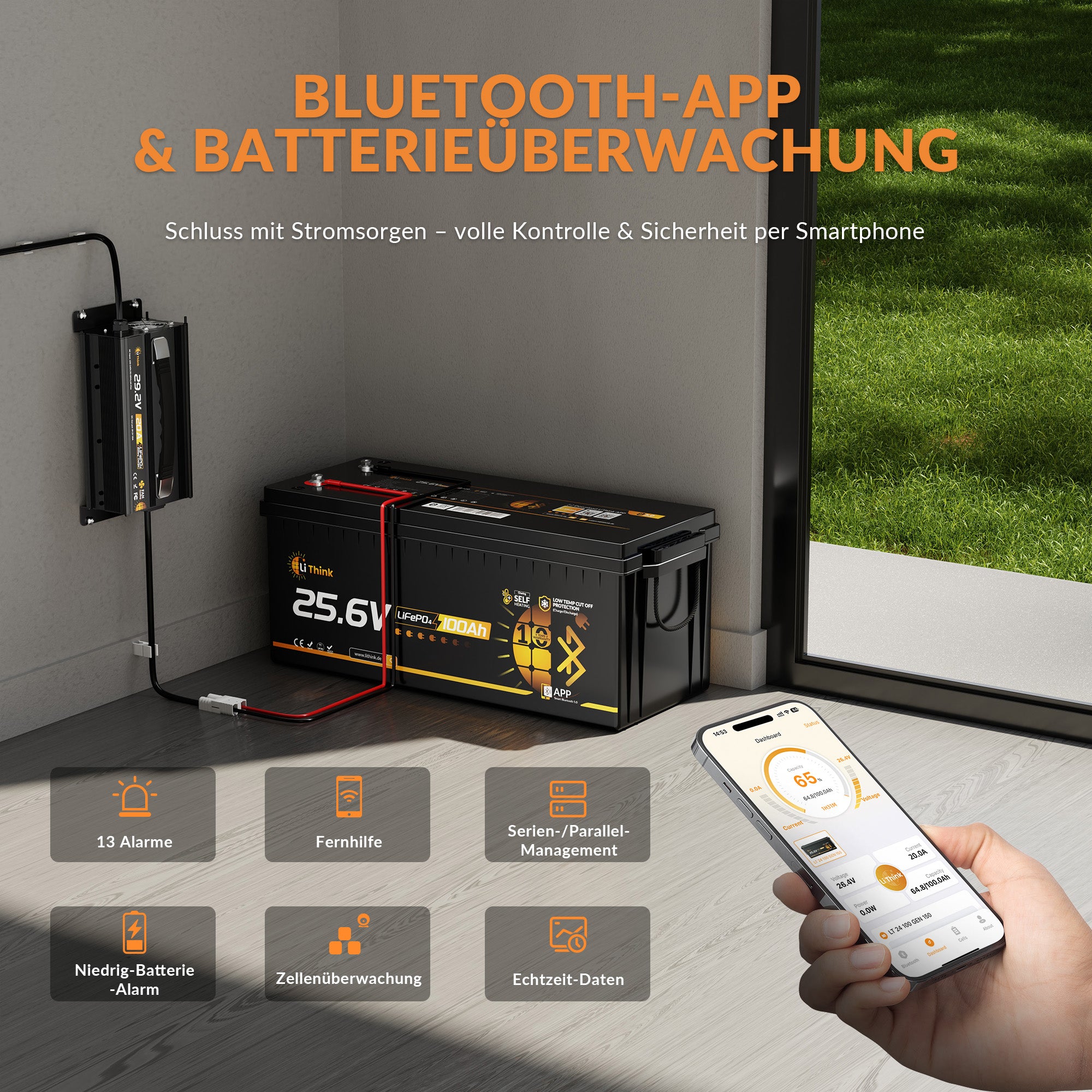 Lithink 24V 100Ah LiFePO4 Batterie mit Bluetooth & Selbstheizung, 150A BMS – für Trolling Motor, Wohnmobil & Solaranlage