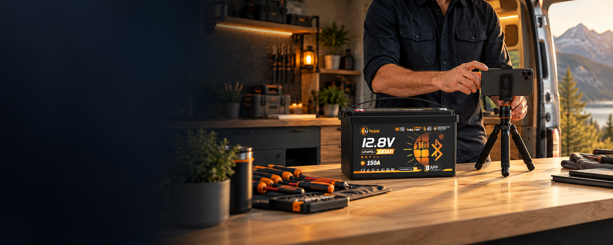LiThink 12,8 V 100 Ah LiFePO4-Batterie bei einer Videoaufnahme in der Werkstatt.