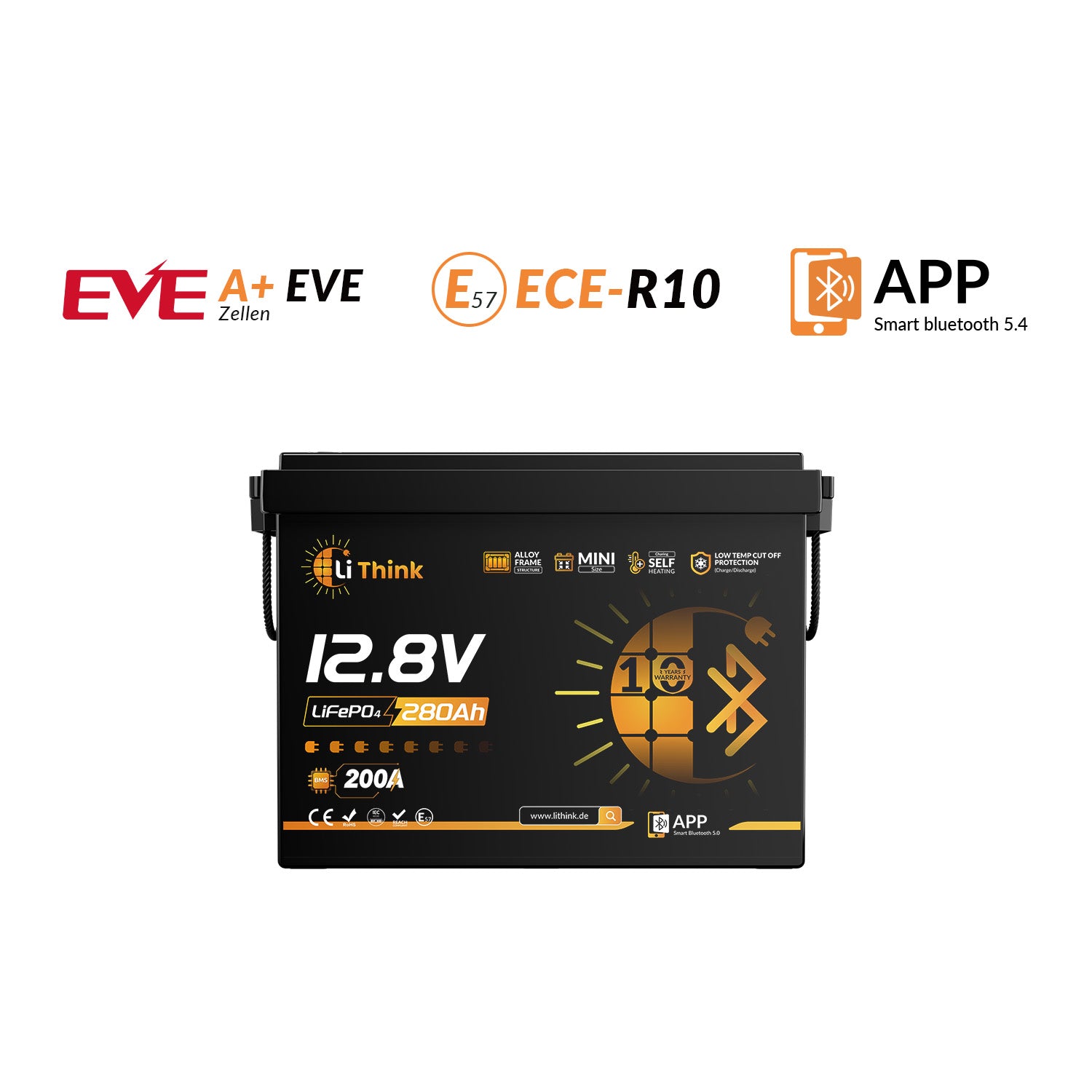 Lithink Batería LiFePO4 Super Mini Pro de 12V 280Ah con celdas EVE LF280K-V3, BMS de 200A, Bluetooth y autocalentamiento – para motor de arrastre, autocaravana y sistema solar