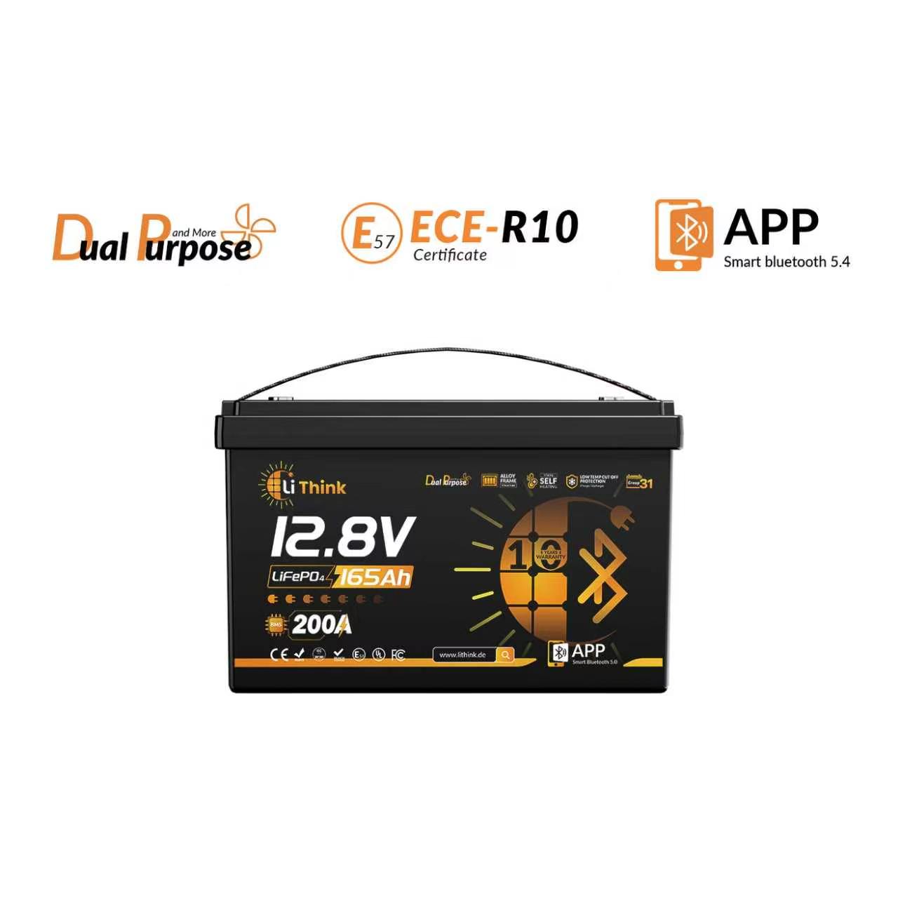 LiThink 12V 165Ah LiFePO4-batteri til dobbelt brug, 200A BMS litiumbatteri til autocamper, trollingmotor og påhængsmotor