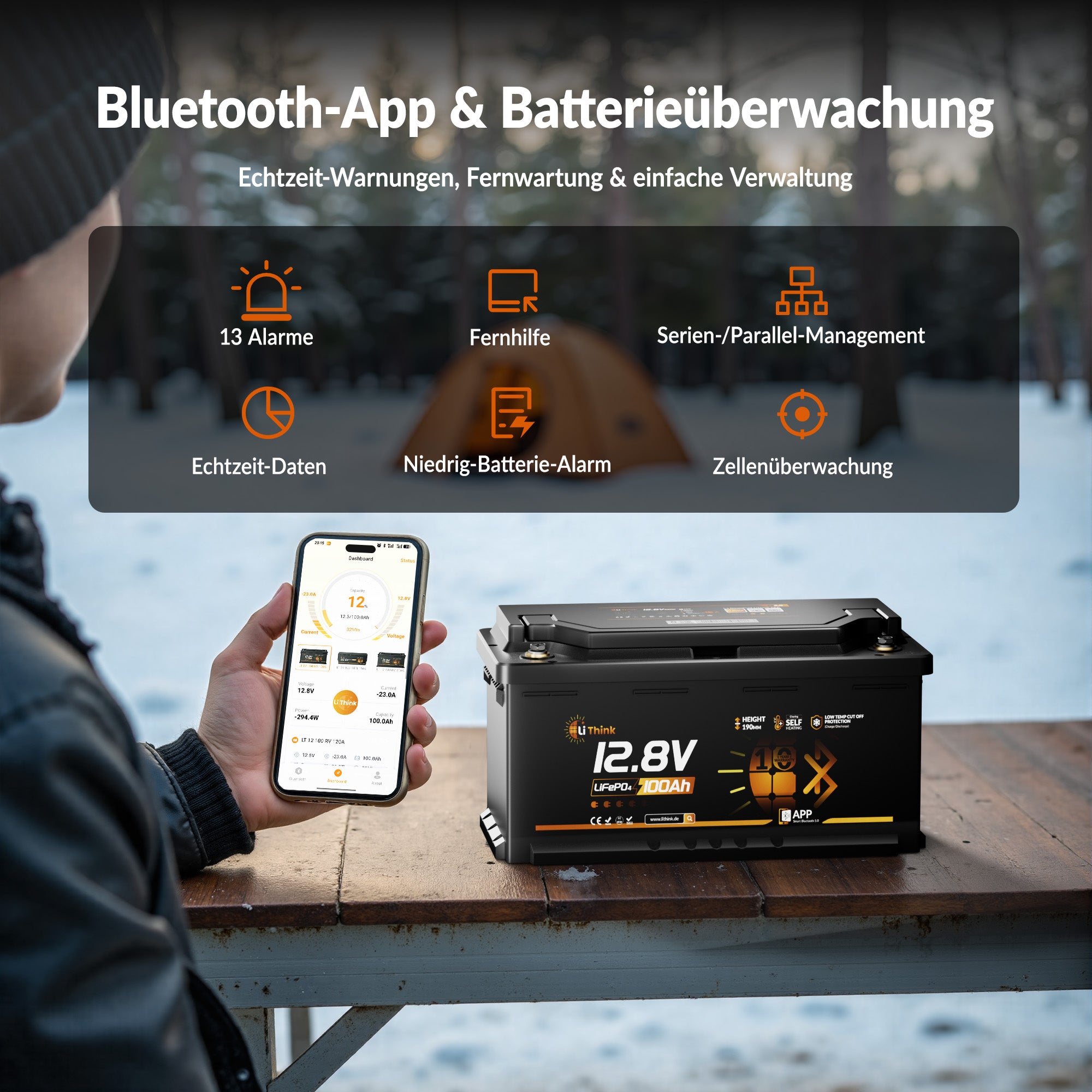 Lithink 12V 100Ah H190 LiFePO4 Batterie mit Bluetooth & Selbstheizung – DIN H8 für Wohnmobil-Untersitz