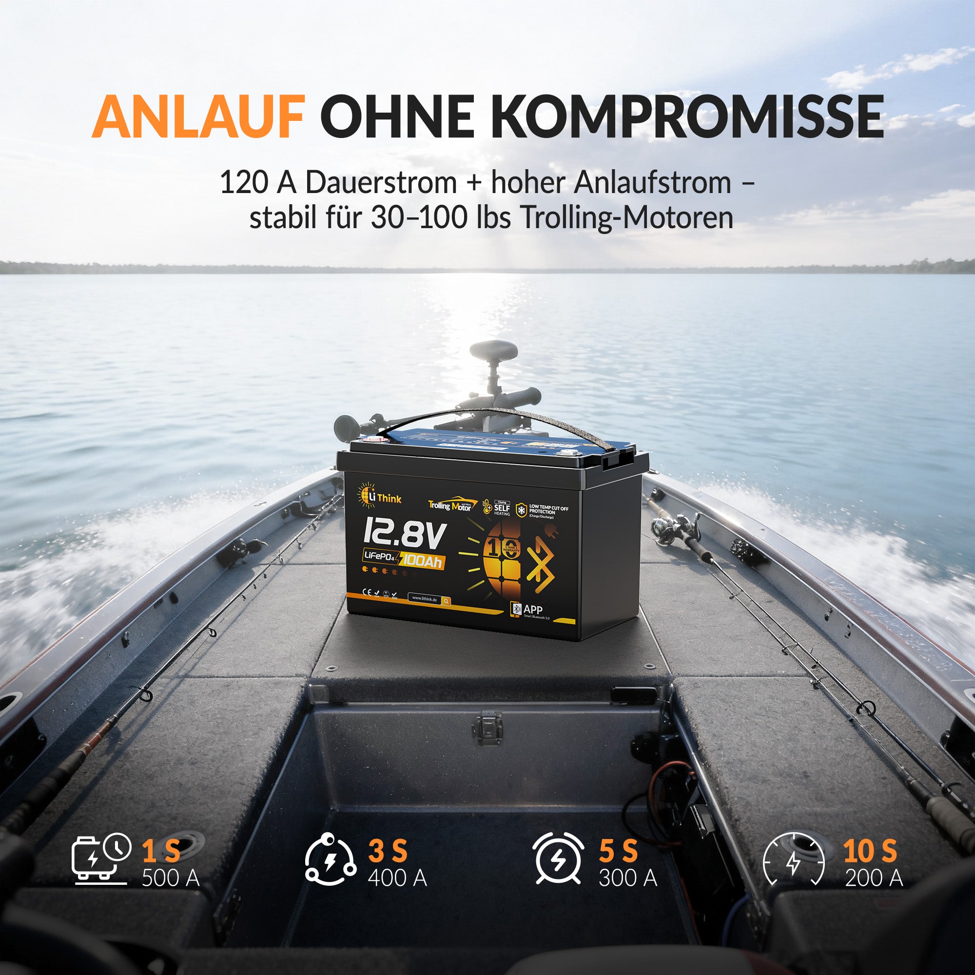 Lithink 12V 100Ah TM LiFePO4 Batterie mit Bluetooth & Selbstheizung – für Trolling Motor