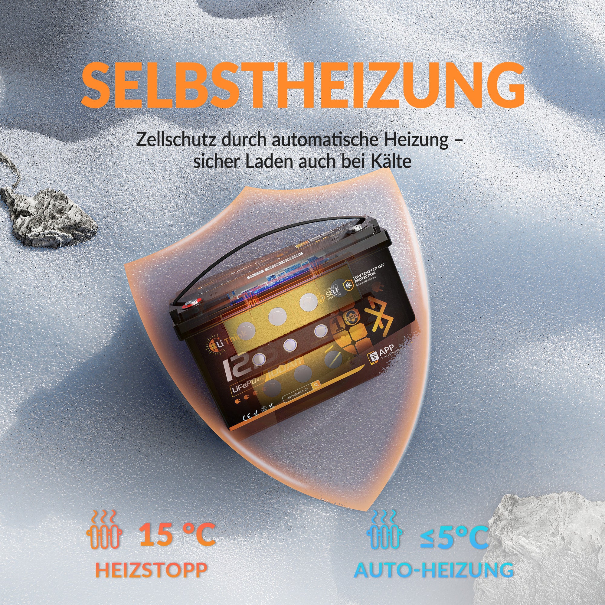 Lithink 12V 100Ah TM LiFePO4 Batterie mit Bluetooth & Selbstheizung – für Trolling Motor