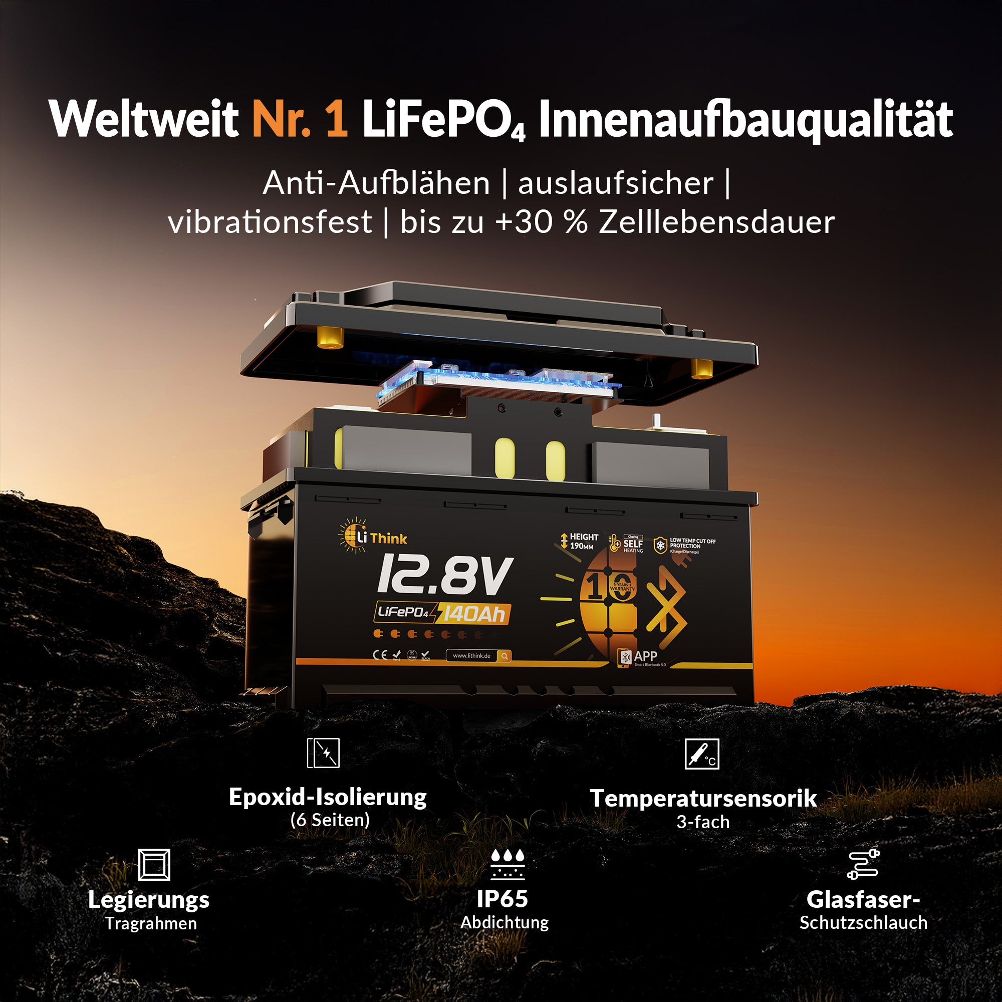 Lithink 12V 140Ah H190 LiFePO4 Batterie mit Bluetooth & Selbstheizung – DIN H8 für Wohnmobil-Untersitz
