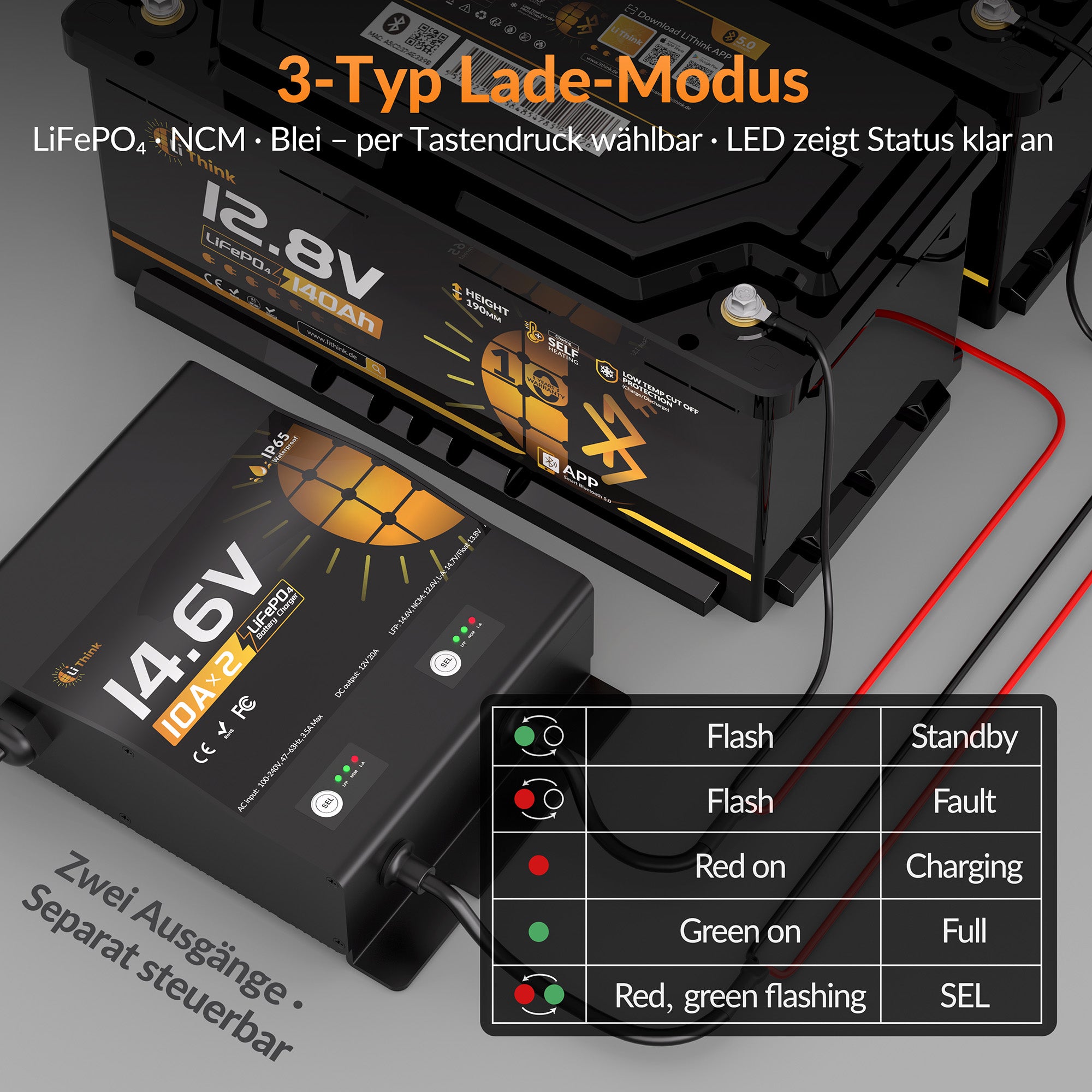 Lithink 14.6V 10A Wasserdichtes Doppelladegerät – für LiFePO₄, NCM und Blei-Batterien