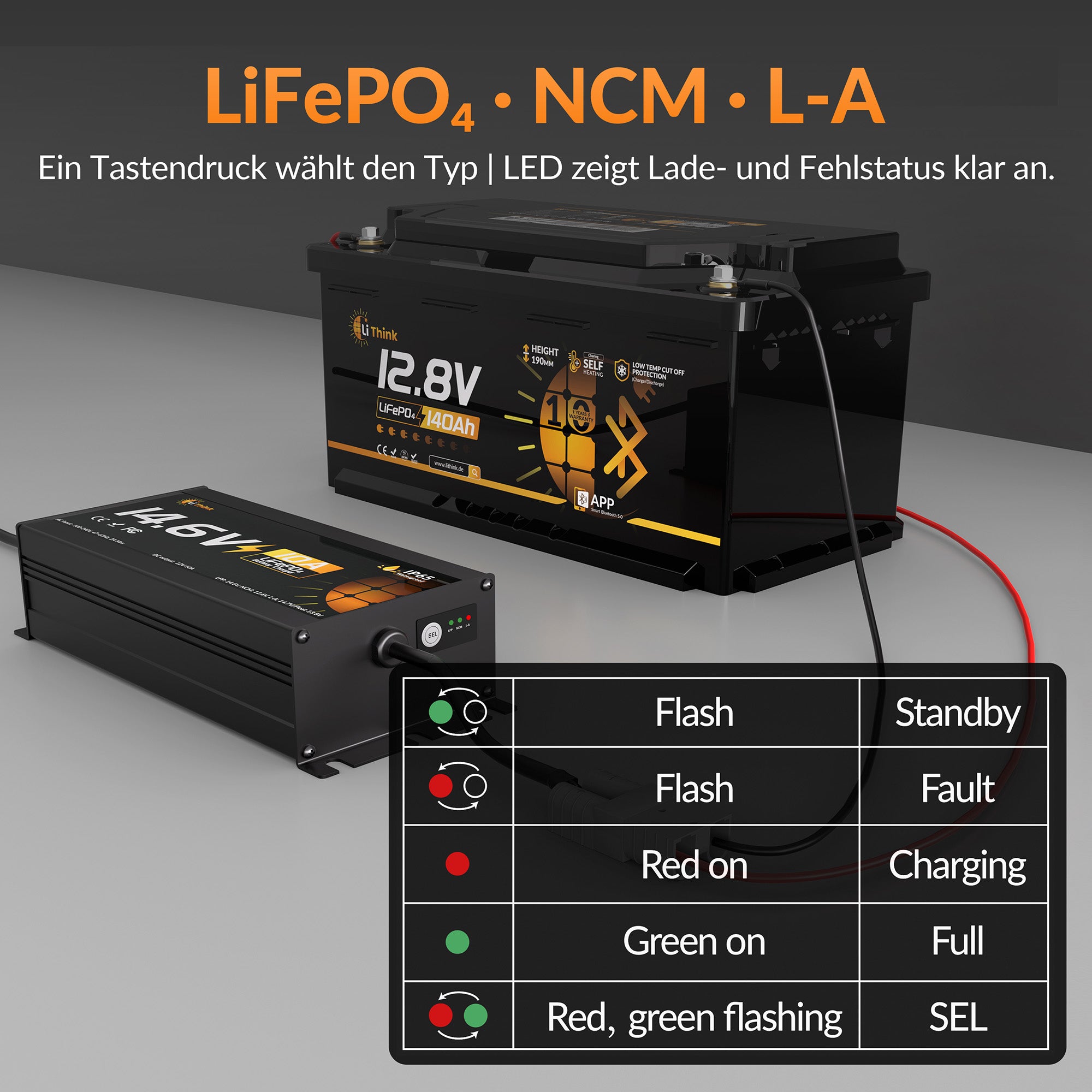 Lithink 14.6V 10A Wasserdichtes Ladegerät – für LiFePO₄, NCM und Blei-Batterien