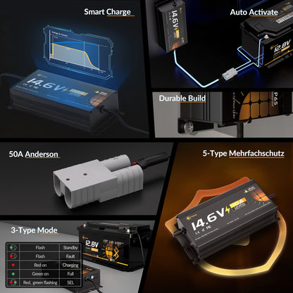 Lithink 14.6V 10A Wasserdichtes Ladegerät – für LiFePO₄, NCM und Blei-Batterien