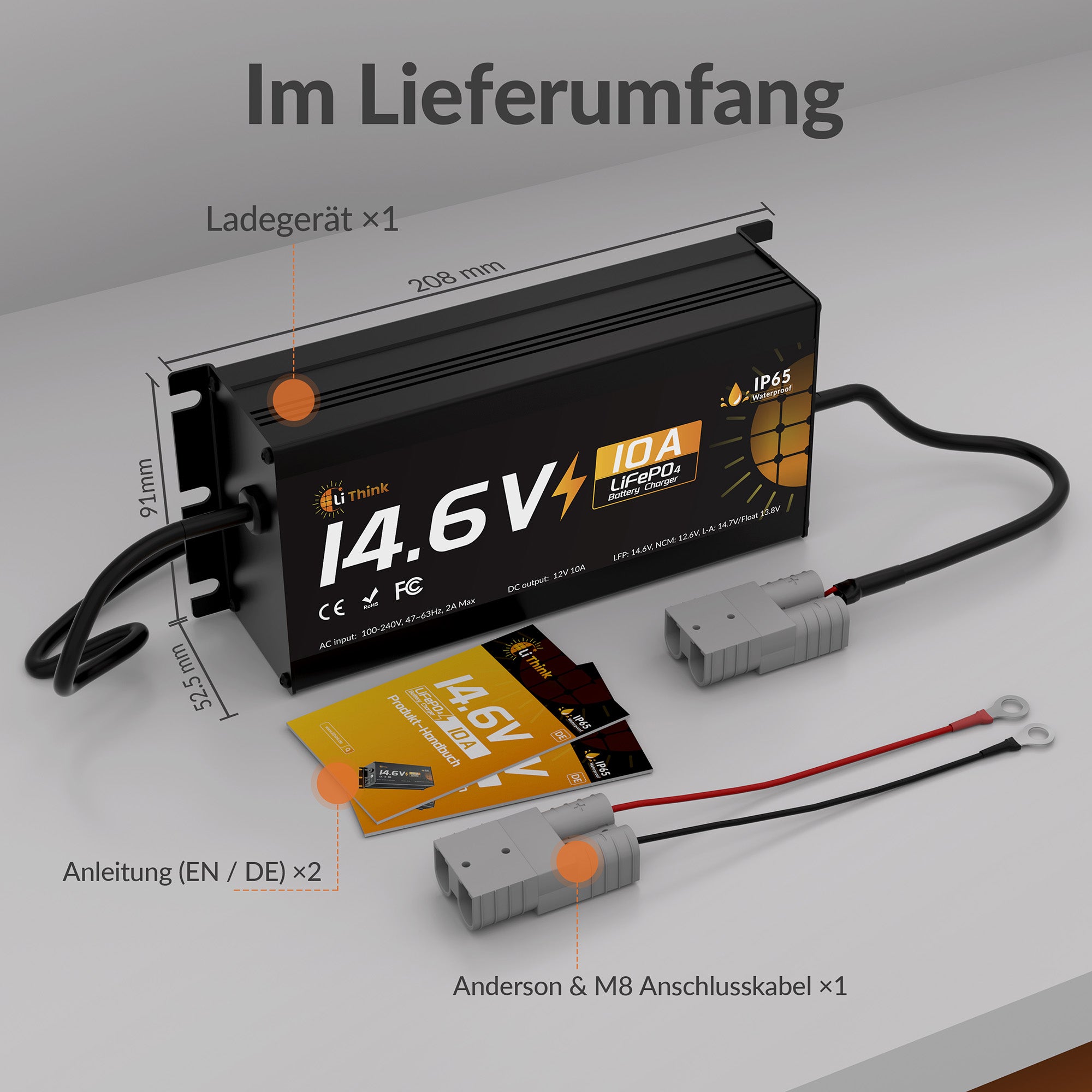 Lithink 14.6V 10A Wasserdichtes Ladegerät – für LiFePO₄, NCM und Blei-Batterien