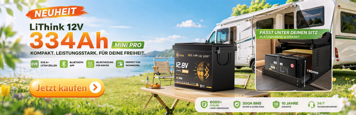LiThink 12V 334Ah Mini Pro LiFePO4-Batterie vor einem Wohnmobil am See