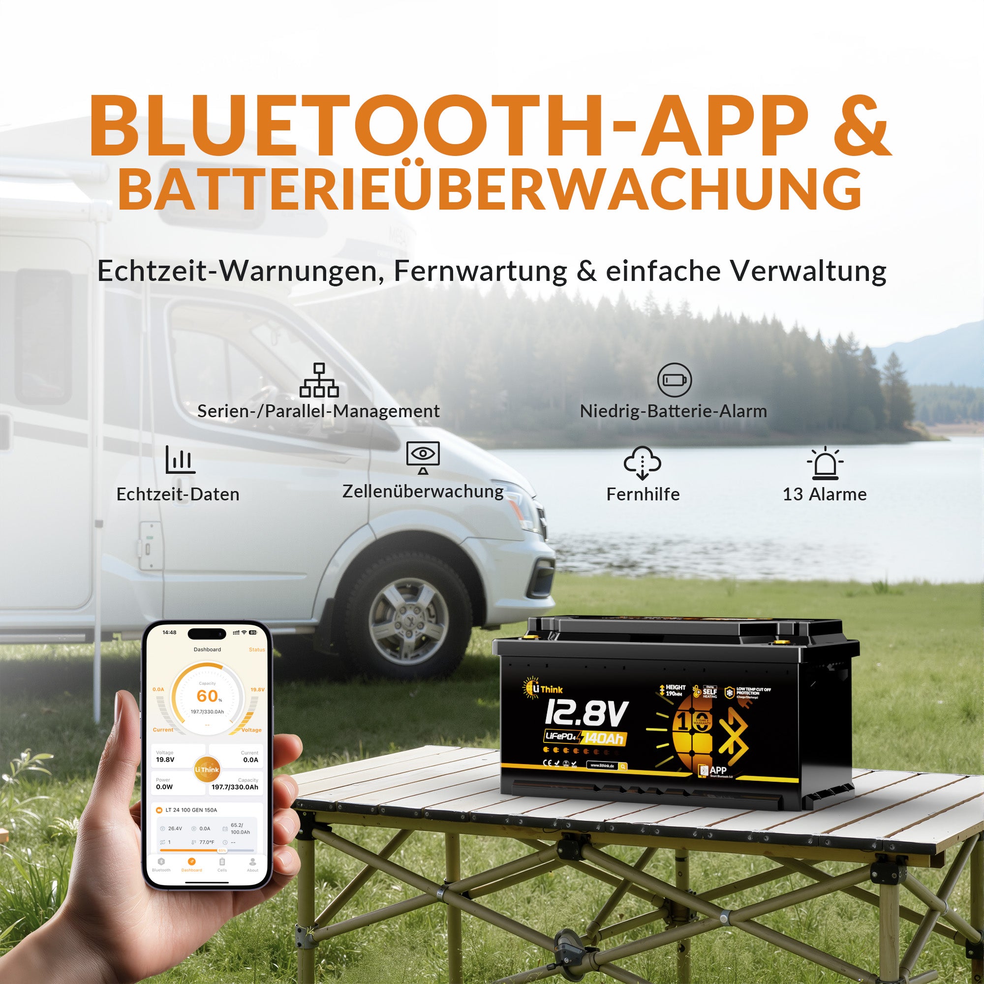 Lithink 12V 140Ah H190 LiFePO4 Batterie mit Bluetooth & Selbstheizung – DIN H8 für Wohnmobil-Untersitz
